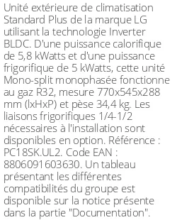 Unité extérieure Standard Plus 5.8 kWatts - R32 - LG - Réf : PC18SK.UL2