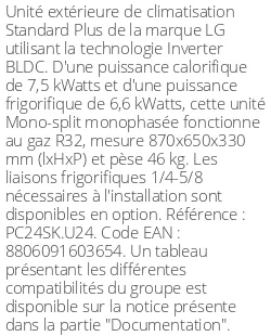Unité extérieure Standard Plus 7.5 kWatts - R32 - LG - Réf : PC24SK.U24