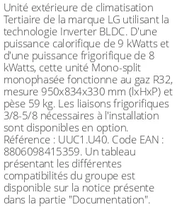 Unité extérieure Tertiaire 9 kWatts Monophasé - R32 - LG - Réf : UUC1.U40