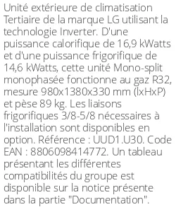 Unité extérieure Tertiaire 16.9 kWatts Monophasé - R32 - LG - Réf : UUD1.U30