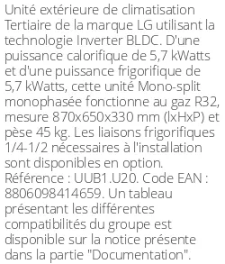 Unité extérieure Tertiaire 5.7 kWatts Monophasé - R32 - LG - Réf : UUB1.U20