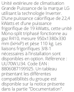 Unité extérieure Grande Puissance 22.4 kWatts - R410 - LG - Réf : UU70W.U34