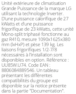 Unité extérieure Grande Puissance 27 kWatts - R410 - LG - Réf : UU85W.U74