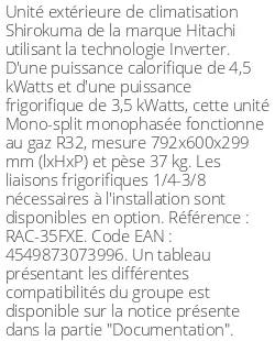 Unité extérieure Shirokuma 4.5 kWatts - R32 - Hitachi - Réf : RAC-35FXE