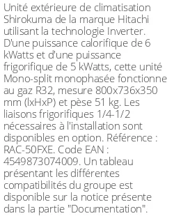 Unité extérieure Shirokuma 6 kWatts - R32 - Hitachi - Réf : RAC-50FXE