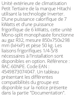 Unité extérieure Petit Tertiaire 7 kWatts - R32 - Hitachi - Réf : RAC-60NPE