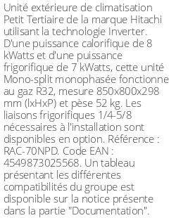 Unité extérieure Petit Tertiaire 8 kWatts - R32 - Hitachi - Réf : RAC-70NPD