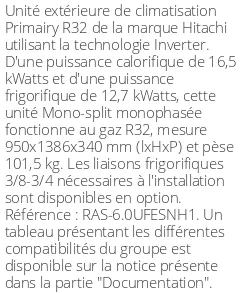 Unité extérieure Primairy 16.5 kWatts - R32 - Hitachi - Réf : RAS-6.0UFESNH1