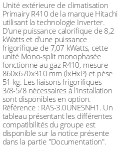 Unité extérieure Primairy 8.2 kWatts - R410 - Hitachi - Réf : RAS-3.0UNESNH1