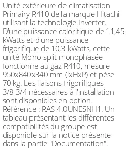 Unité extérieure Primairy 11.45 kWatts - R410 - Hitachi - Réf : RAS-4.0UNESNH1