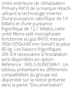 Unité extérieure Primairy 14 kWatts - R410 - Hitachi - Réf : RAS-5.0UNESMH1