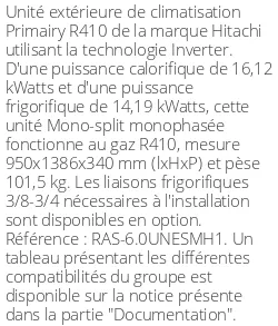 Unité extérieure Primairy 16.12 kWatts - R410 - Hitachi - Réf : RAS-6.0UNESMH1