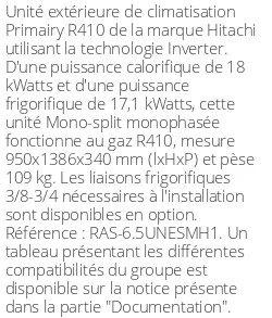 Unité extérieure Primairy 18 kWatts - R410 - Hitachi - Réf : RAS-6.5UNESMH1