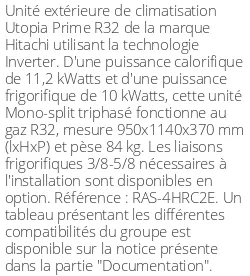 Unité extérieure Utopia Prime 11.2 kWatts Triphasé - R32 - Hitachi - Réf : RAS-4HRC2E