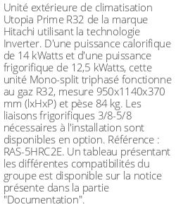 Unité extérieure Utopia Prime 14 kWatts Triphasé - R32 - Hitachi - Réf : RAS-5HRC2E