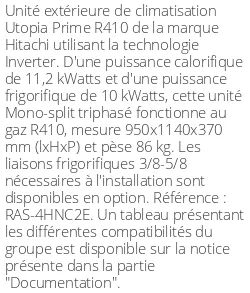 Unité extérieure Utopia Prime 11.2 kWatts Triphasé - R410 - Hitachi - Réf : RAS-4HNC2E