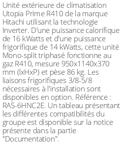 Unité extérieure Utopia Prime 16 kWatts Triphasé - R410 - Hitachi - Réf : RAS-6HNC2E