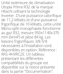 Unité extérieure Utopia Prime 11.2 kWatts Monophasé - R32 - Hitachi - Réf : RAS-4HVRC2E