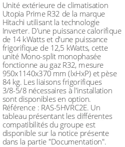 Unité extérieure Utopia Prime 14 kWatts Monophasé - R32 - Hitachi - Réf : RAS-5HVRC2E