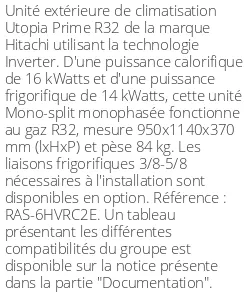 Unité extérieure Utopia Prime 16 kWatts Monophasé - R32 - Hitachi - Réf : RAS-6HVRC2E