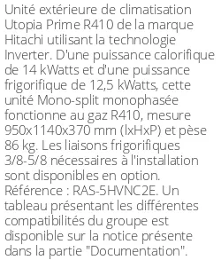Unité extérieure Utopia Prime 14 kWatts Monophasé - R410 - Hitachi - Réf : RAS-5HVNC2E