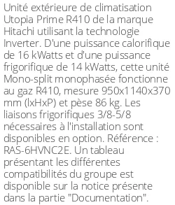 Unité extérieure Utopia Prime 16 kWatts Monophasé - R410 - Hitachi - Réf : RAS-6HVNC2E