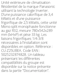 Unité extérieure Résidentiel 3.4 kWatts - R32 - Panasonic - Réf : CU-Z25UBEA