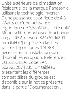 Unité extérieure Résidentiel 4.3 kWatts - R32 - Panasonic - Réf : CU-Z35UBEA