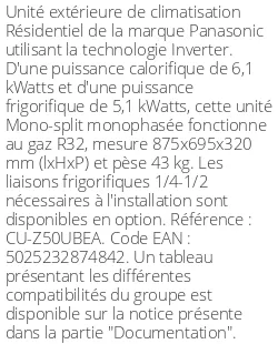 Unité extérieure Résidentiel 6.1 kWatts - R32 - Panasonic - Réf : CU-Z50UBEA