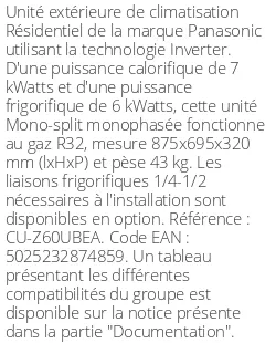 Unité extérieure Résidentiel 7 kWatts - R32 - Panasonic - Réf : CU-Z60UBEA