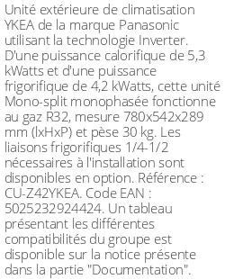 Unité extérieure YKEA 5.3 kWatts - R32 - Panasonic - Réf : CU-Z42YKEA