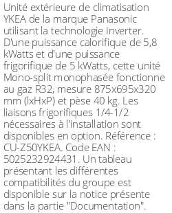 Unité extérieure YKEA 5.8 kWatts - R32 - Panasonic - Réf : CU-Z50YKEA