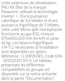 Unité extérieure PACi NX Élite 5.6 kWatts Monophasé - R32 - Panasonic - Réf : U-50PZH3E5