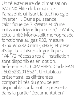 Unité extérieure PACi NX Élite 7 kWatts Monophasé - R32 - Panasonic - Réf : U-60PZH3E5