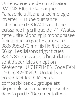 Unité extérieure PACi NX Élite 8 kWatts Monophasé - R32 - Panasonic - Réf : U-71PZH4E5