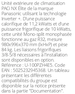 Unité extérieure PACi NX Élite 11.2 kWatts Monophasé - R32 - Panasonic - Réf : U-100PZH4E5