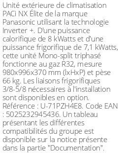Unité extérieure PACi NX Élite 8 kWatts Triphasé - R32 - Panasonic - Réf : U-71PZH4E8