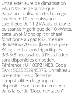 Unité extérieure PACi NX Élite 11.2 kWatts Triphasé - R32 - Panasonic - Réf : U-100PZH4E8
