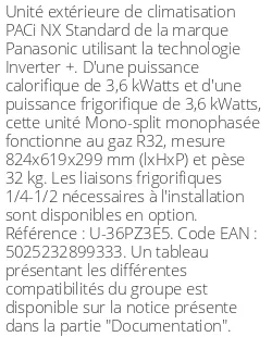 Unité extérieure PACi NX Standard 3.6 kWatts Monophasé - R32 - Panasonic - Réf : U-36PZ3E5