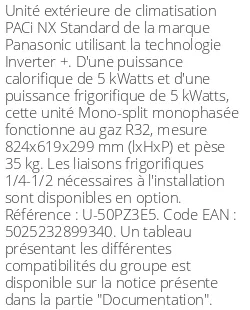 Unité extérieure PACi NX Standard 5 kWatts Monophasé - R32 - Panasonic - Réf : U-50PZ3E5