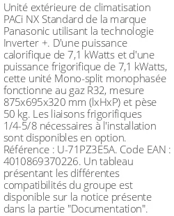 Unité extérieure PACi NX Standard 7.1 kWatts Monophasé - R32 - Panasonic - Réf : U-71PZ3E5A