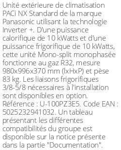 Unité extérieure PACi NX Standard 10 kWatts Monophasé - R32 - Panasonic - Réf : U-100PZ3E5