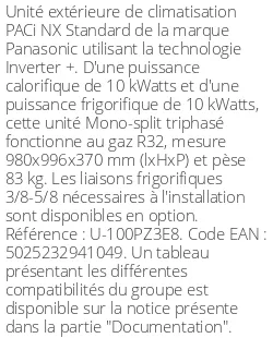 Unité extérieure PACi NX Standard 10 kWatts Triphasé - R32 - Panasonic - Réf : U-100PZ3E8