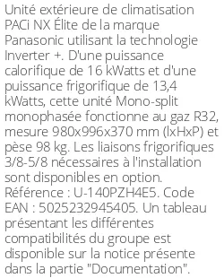 Unité extérieure PACi NX Élite 16 kWatts Monophasé - R32 - Panasonic - Réf : U-140PZH4E5
