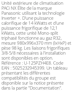 Unité extérieure PACi NX Élite 14 kWatts Triphasé - R32 - Panasonic - Réf : U-125PZH4E8