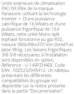 Unité extérieure PACi NX Élite 16 kWatts Triphasé - R32 - Panasonic - Réf : U-140PZH4E8