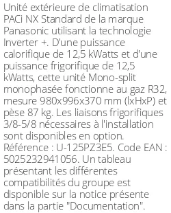 Unité extérieure PACi NX Standard 12.5 kWatts Monophasé - R32 - Panasonic - Réf : U-125PZ3E5