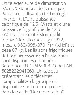 Unité extérieure PACi NX Standard 12.5 kWatts Triphasé - R32 - Panasonic - Réf : U-125PZ3E8