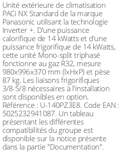 Unité extérieure PACi NX Standard 14 kWatts Triphasé - R32 - Panasonic - Réf : U-140PZ3E8
