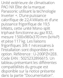 Unité extérieure PACi NX Élite 22.4 kWatts Triphasé - R32 - Panasonic - Réf : U-200PZH2E8